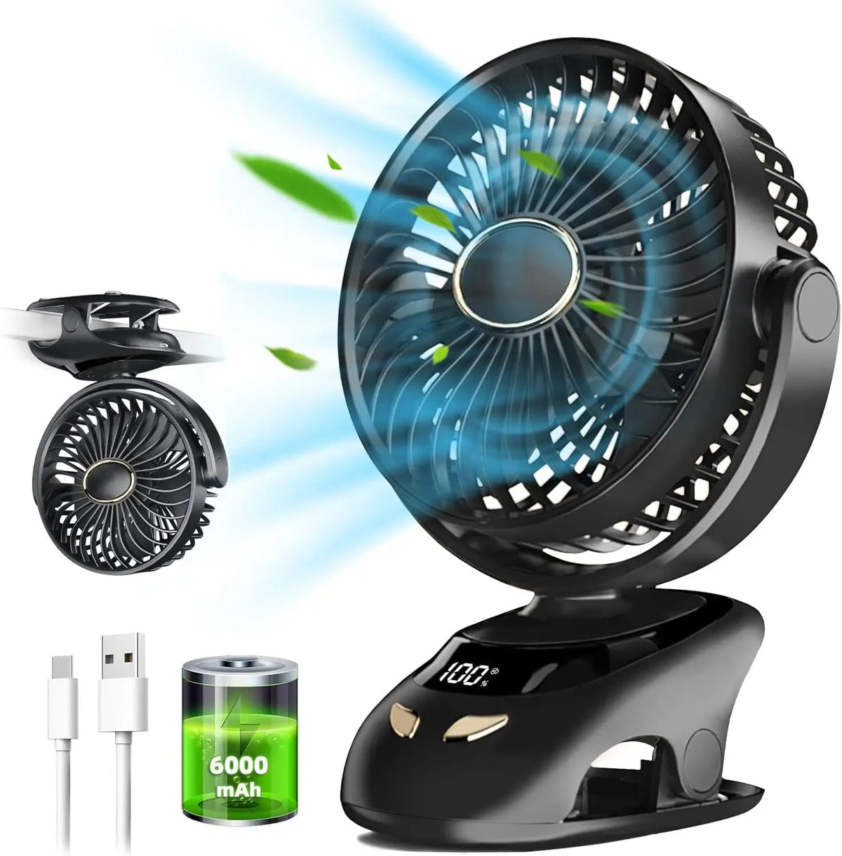 Clip Fan USB-C Rechargeable 6000 mAh LED Display