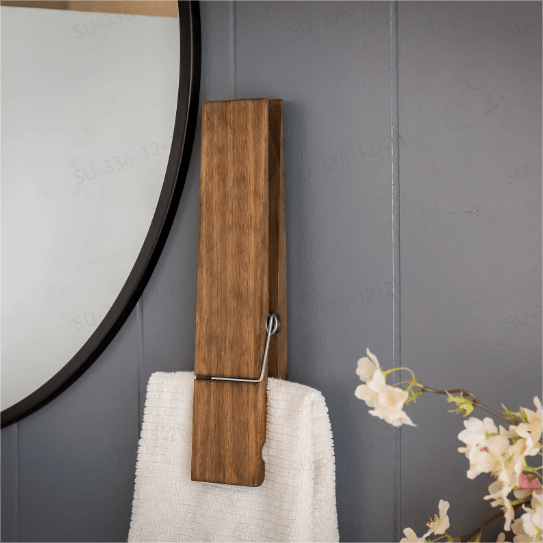Clothespin Towel Holder Rustic Wood & Stainless Steel Spring
