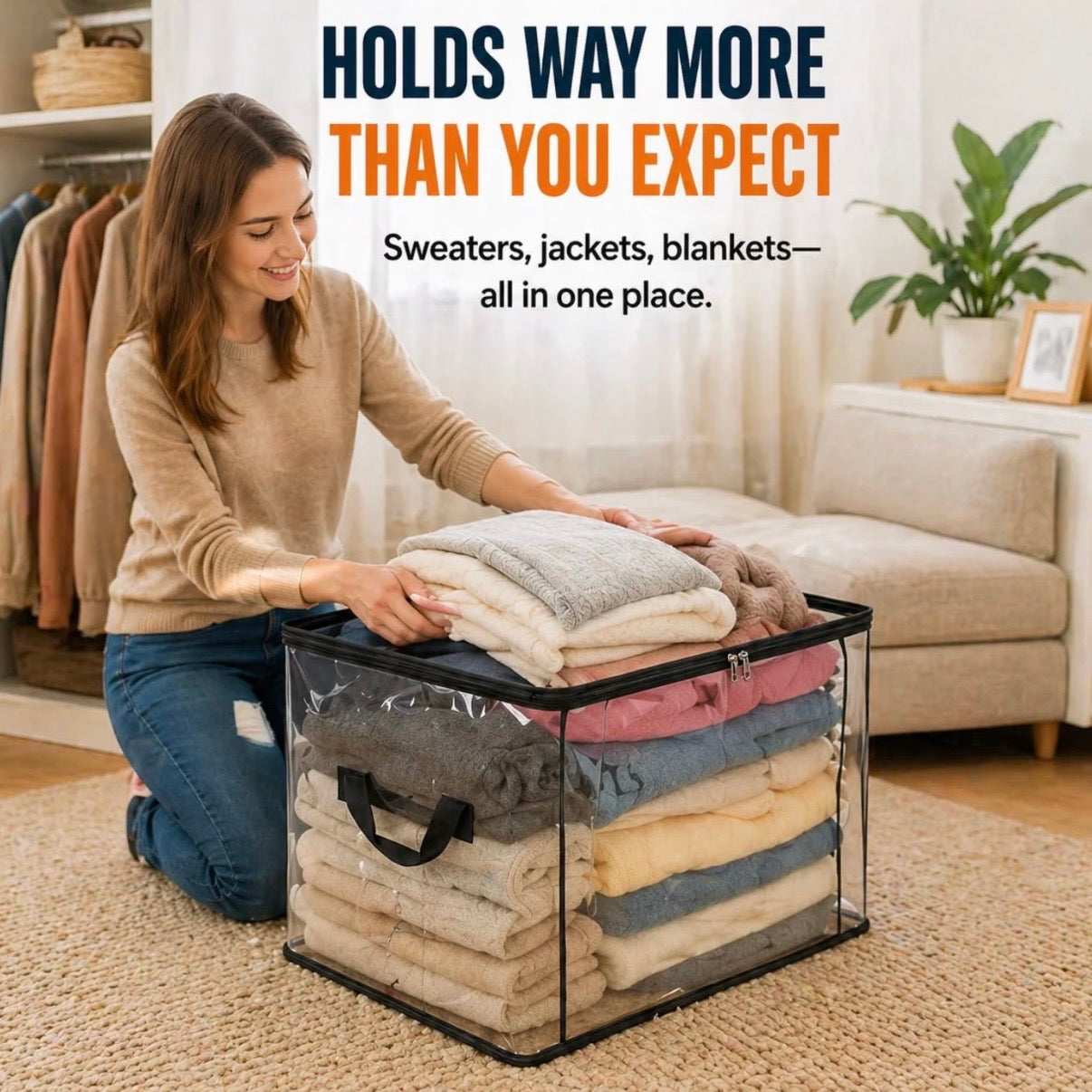 Clothing Storage Bag Clear Front Water-Repellent Zipper Reinforced Handles