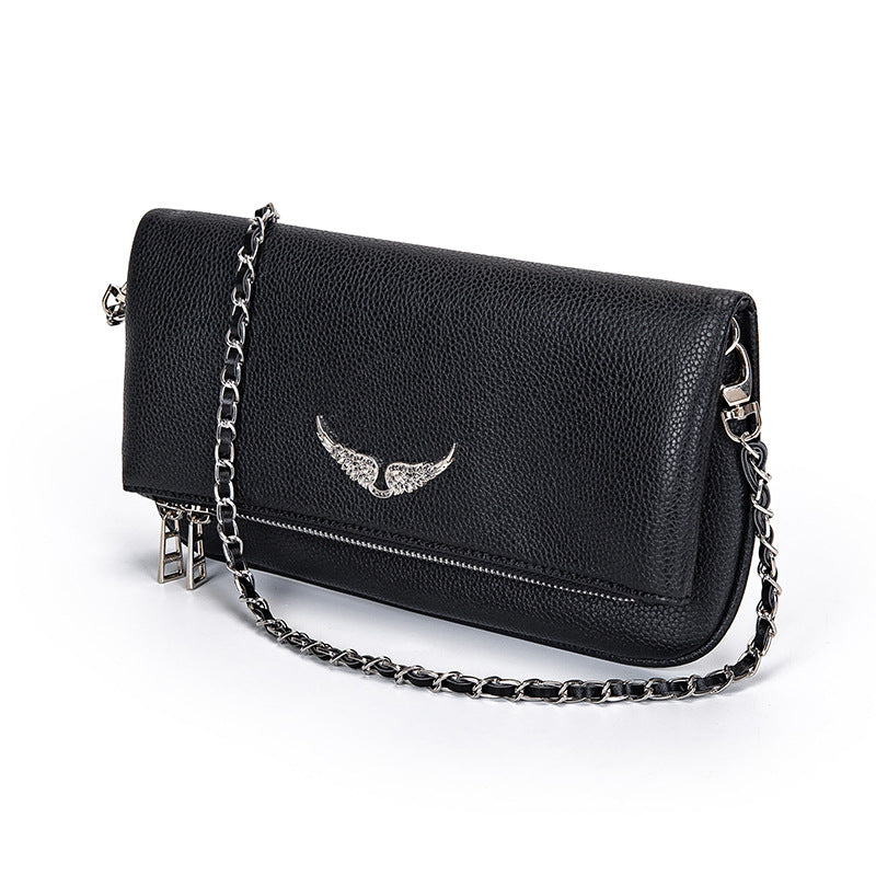 Clutch Faux Leather Rhinestone Wing Appliqué & Detachable Chain