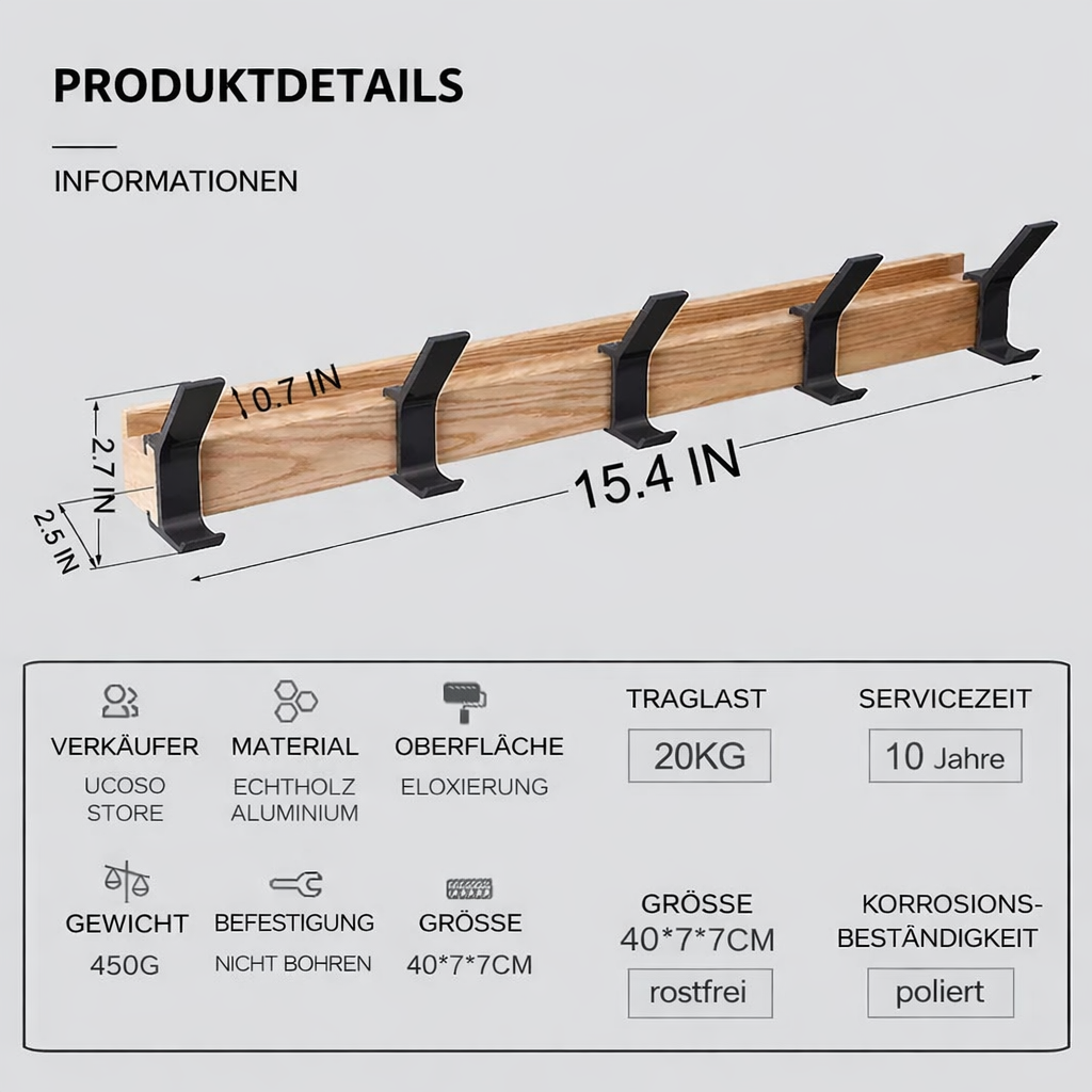 Coat Rack Wall-Mounted 5 Movable Hooks Rubberwood & Aluminum