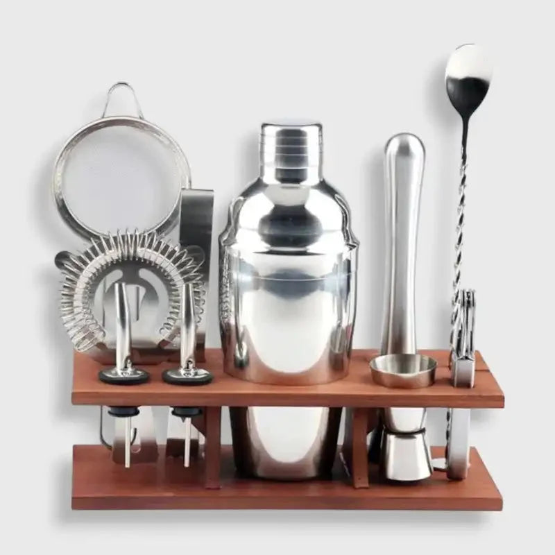 Cocktail Set 10-Piece Stainless Steel Wooden Stand