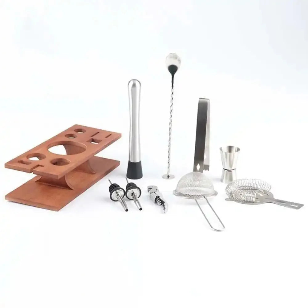 Cocktail Set 10-Piece Stainless Steel Wooden Stand