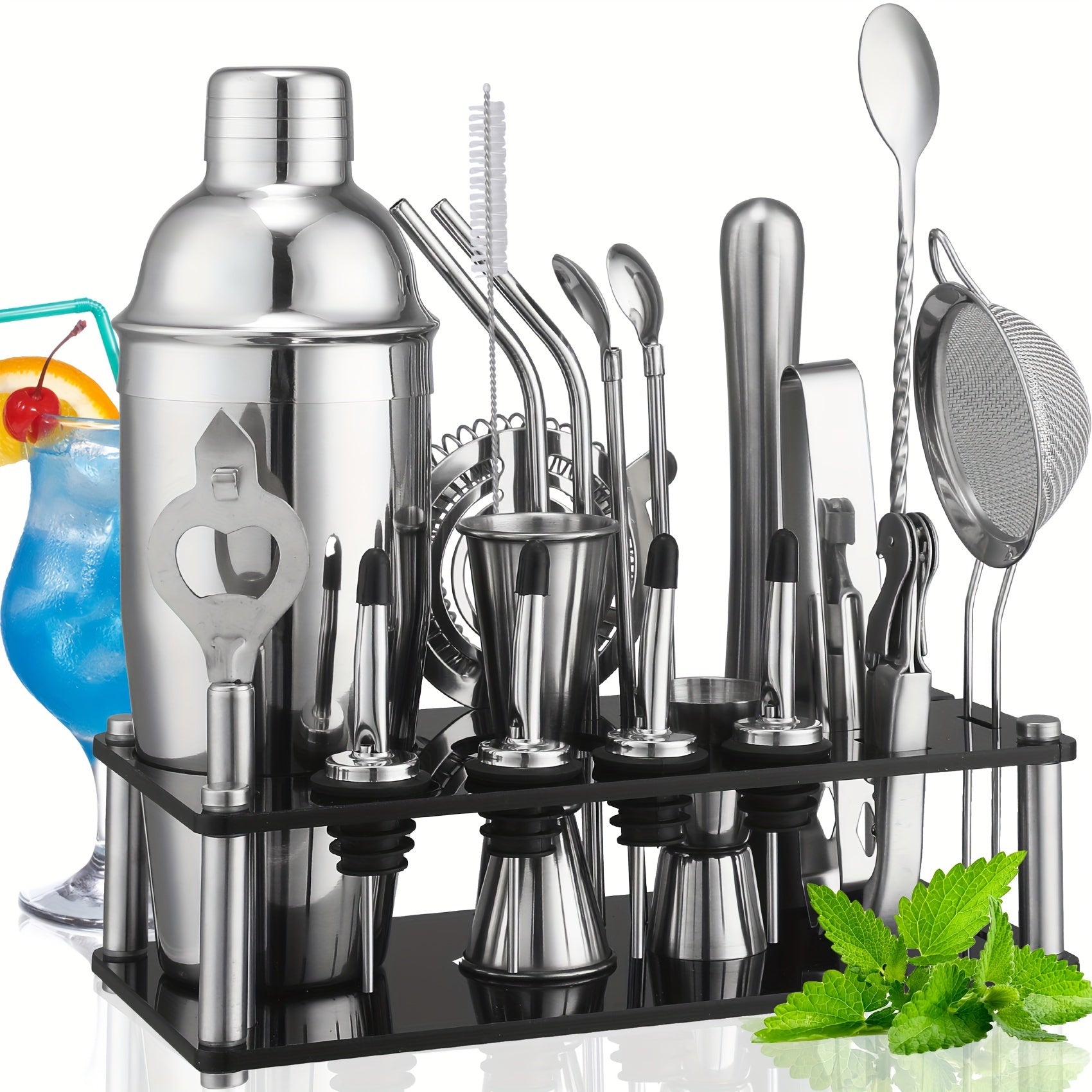 Cocktail Set 20-Piece Stainless Steel Acrylic Stand