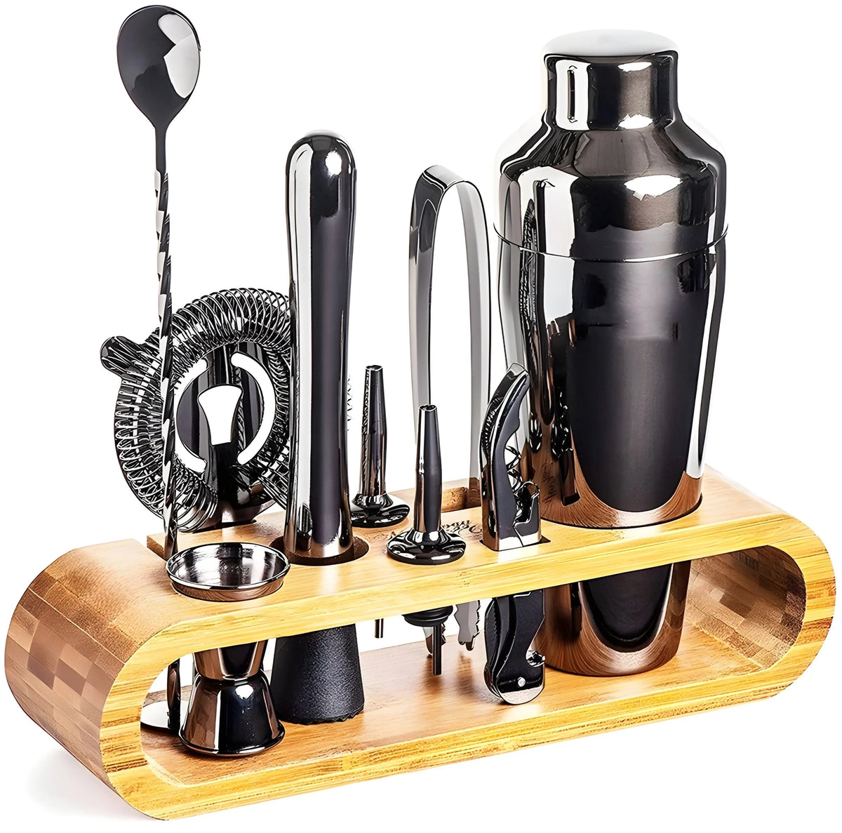 Cocktail Tool Set 10-Piece Stainless Steel Bamboo Stand