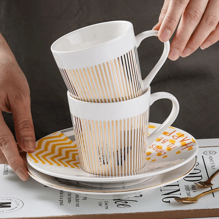 Coffee Cup & Saucer Set Porcelain Hand-Applied Gold Stripe