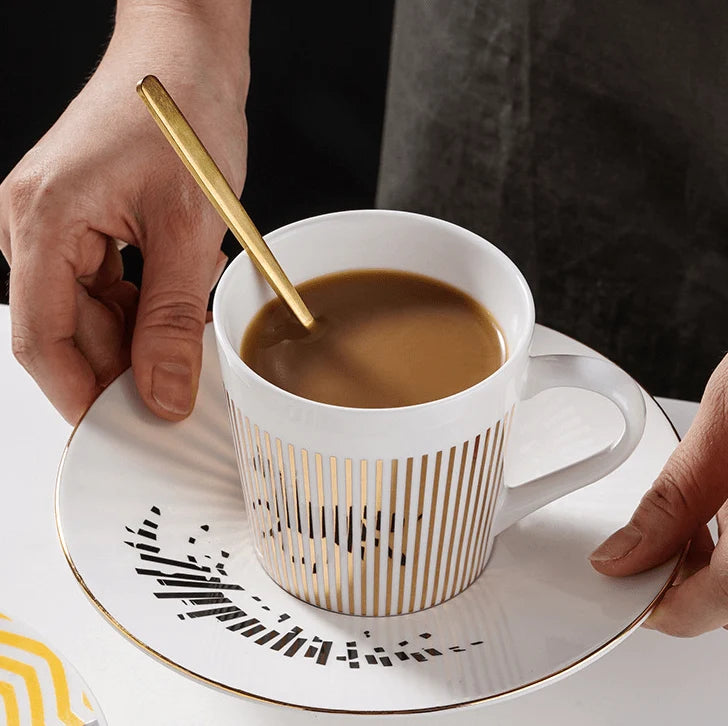 Coffee Cup & Saucer Set Porcelain Hand-Applied Gold Stripe