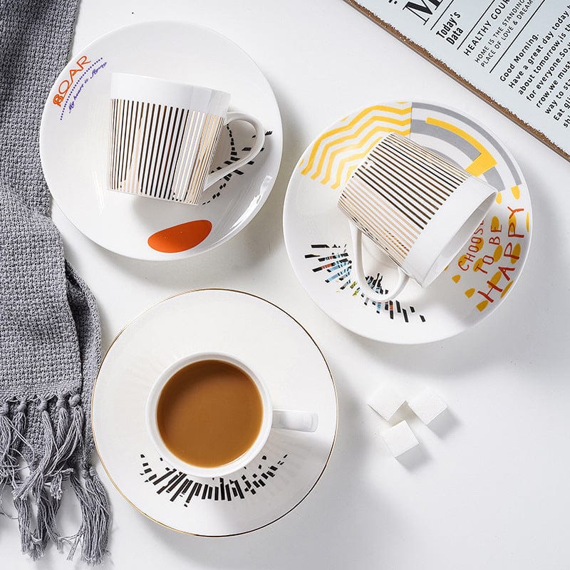 Coffee Cup & Saucer Set Porcelain Hand-Applied Gold Stripe