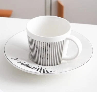 Coffee Cup & Saucer Set Porcelain Hand-Applied Gold Stripe