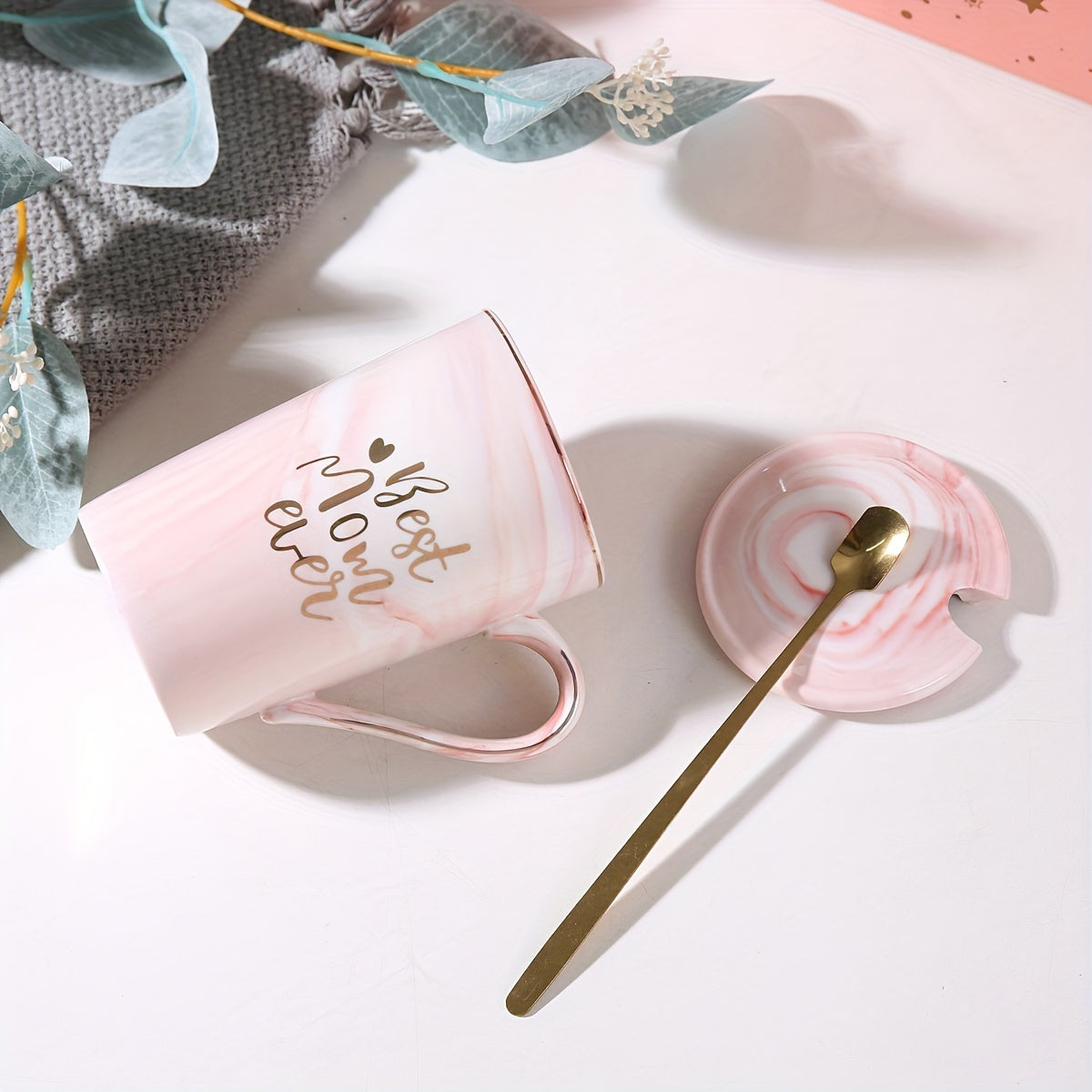 Coffee Cup Set Porcelain Marble-Look Lid & Wooden Spoon