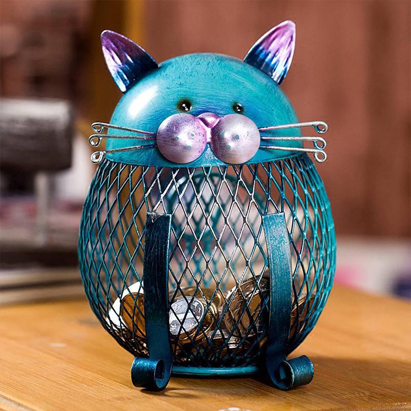 Coin Bank Cat Turquoise Electroplated Iron Removable Bottom