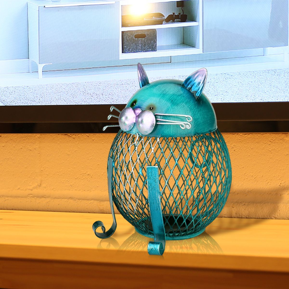 Coin Bank Cat Turquoise Electroplated Iron Removable Bottom