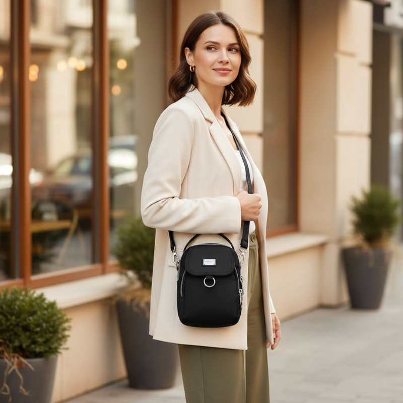 Compact Crossbody Bag Water-Repellent Oxford Zippered Compartments Adjustable Strap