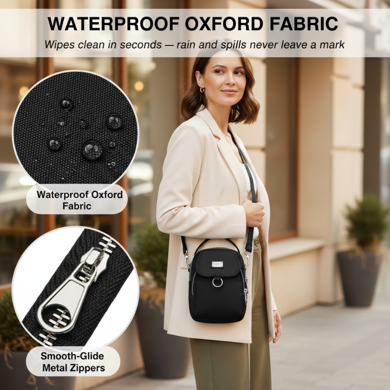 Compact Crossbody Bag Water-Repellent Oxford Zippered Compartments Adjustable Strap