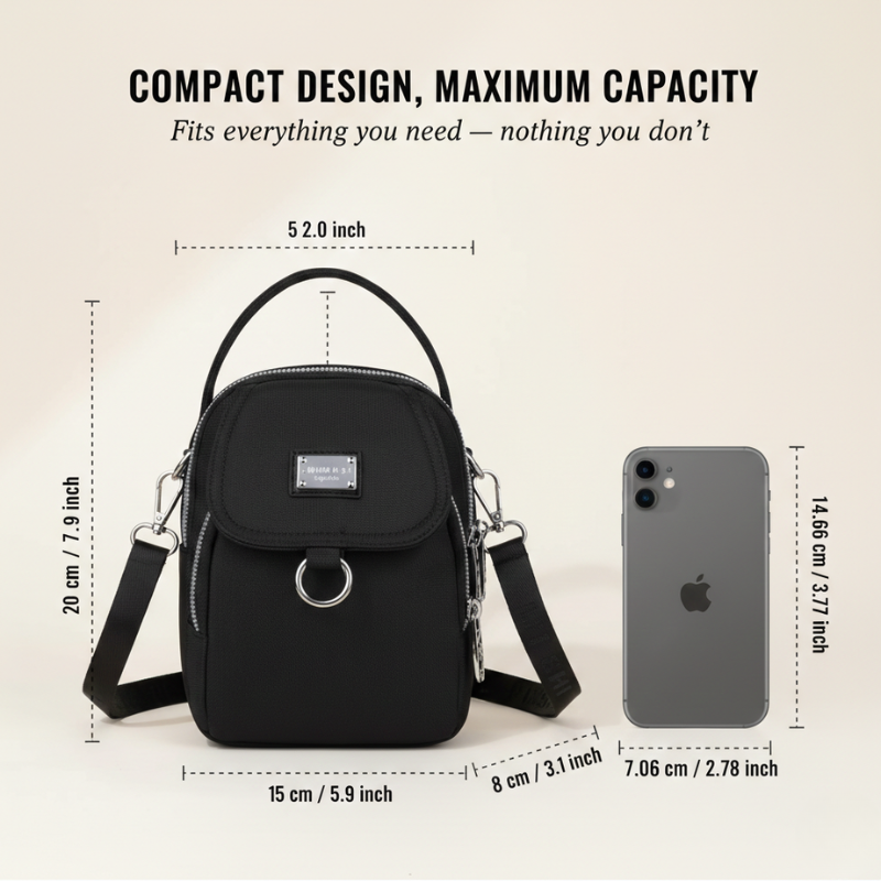 Compact Crossbody Bag Water-Repellent Oxford Zippered Compartments Adjustable Strap