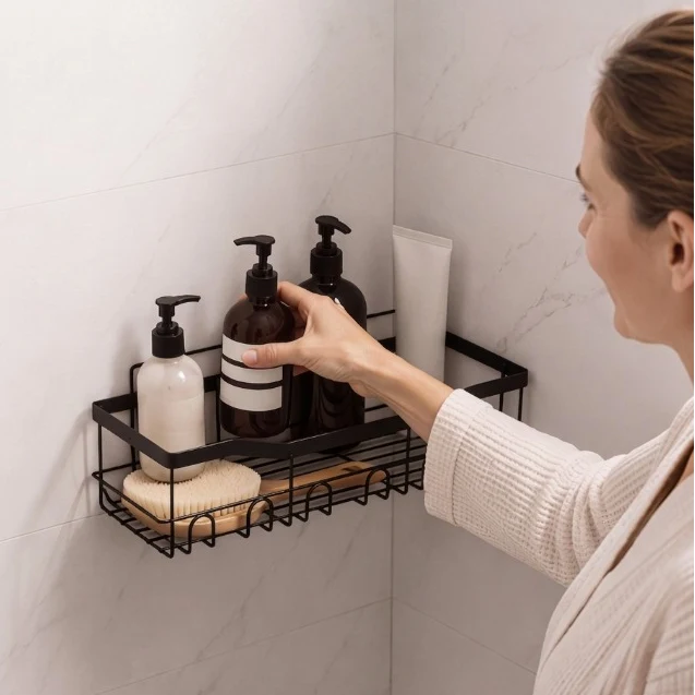 Corner Shower Shelf Adhesive Tool-Free Rust-Resistant Carbon Steel Quick-Drain