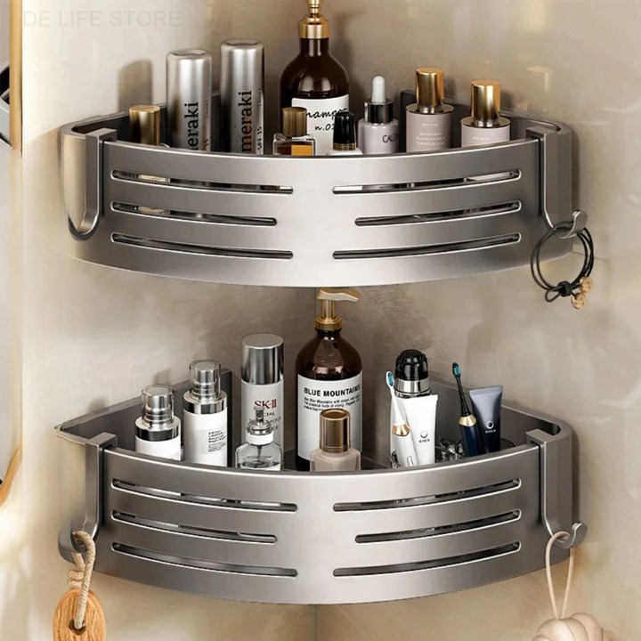 Corner Shower Shelf Set Drill-Free Adjustable Aluminum Slatted