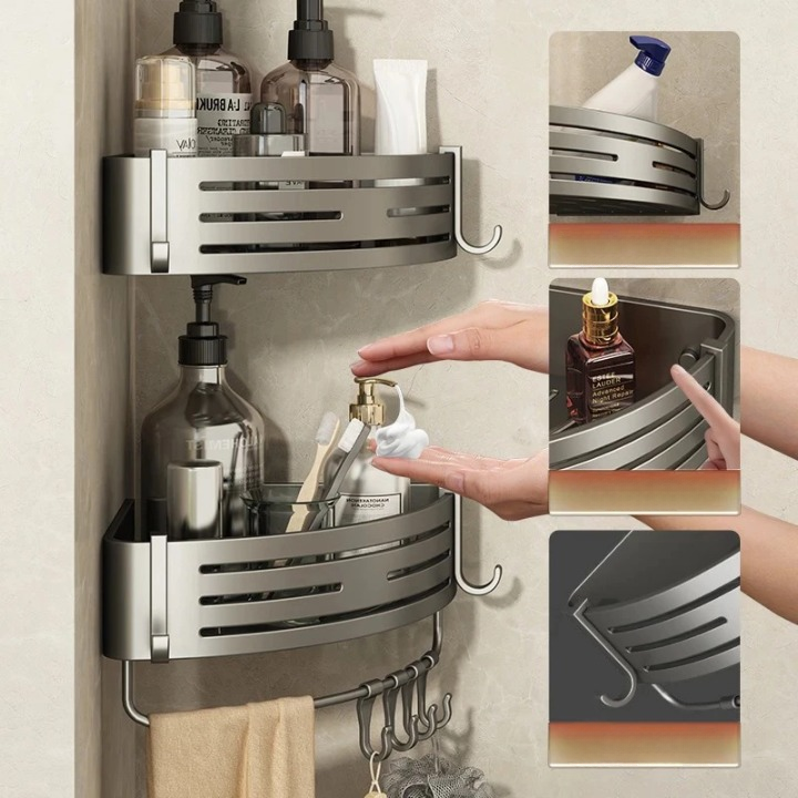 Corner Shower Shelf Set Drill-Free Adjustable Aluminum Slatted
