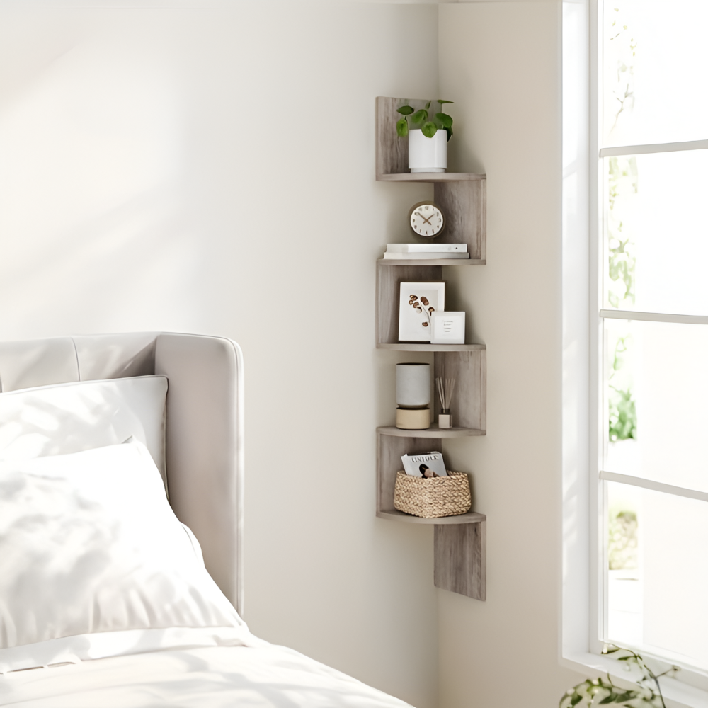 Corner Wall Shelf 5-Tier Zigzag Rustic Wood