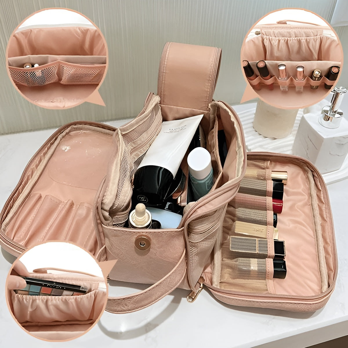 Cosmetic Bag Compartmentalized Elastic Bands & Mesh Pockets