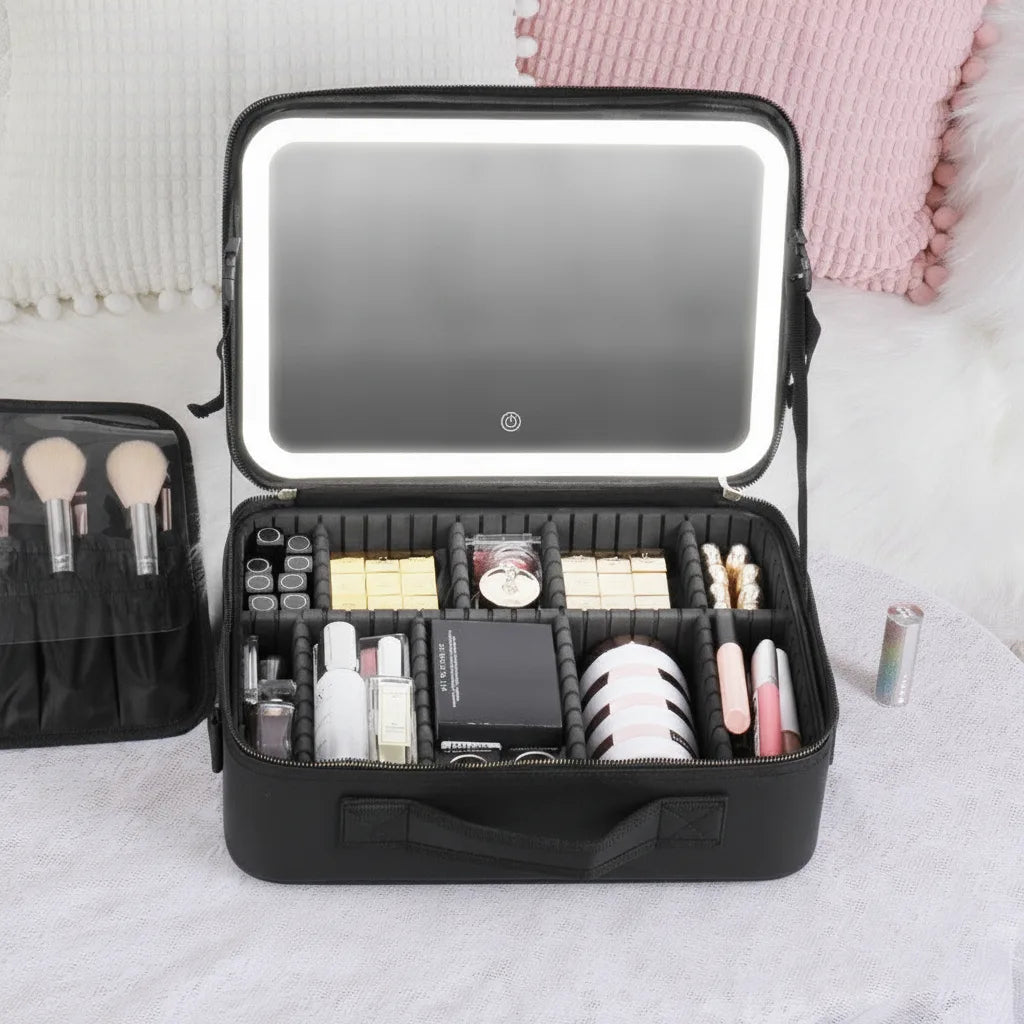 Cosmetic Bag LED Mirror Adjustable Compartments & Brush Holder