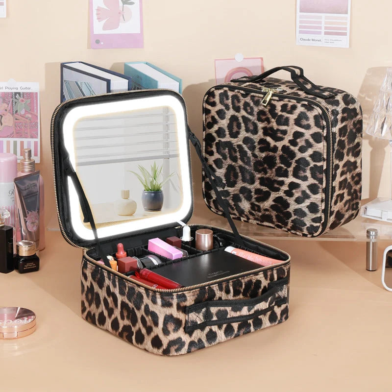 Cosmetic Bag LED Mirror Adjustable Compartments & Brush Holder