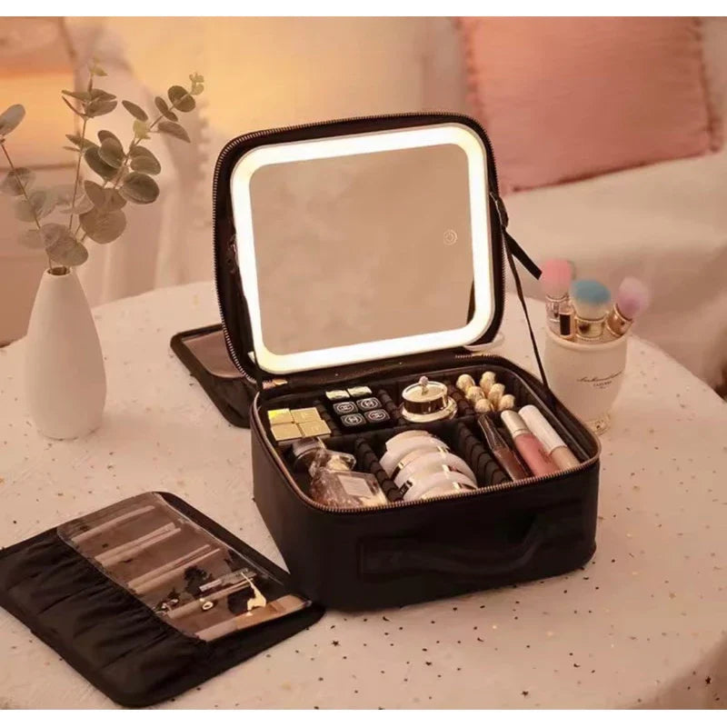Cosmetic Bag LED Mirror Adjustable Compartments & Brush Holder