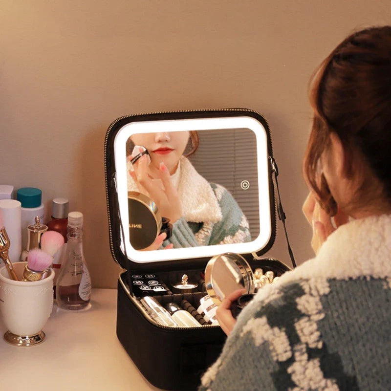 Cosmetic Bag LED Mirror Adjustable Compartments & Brush Holder