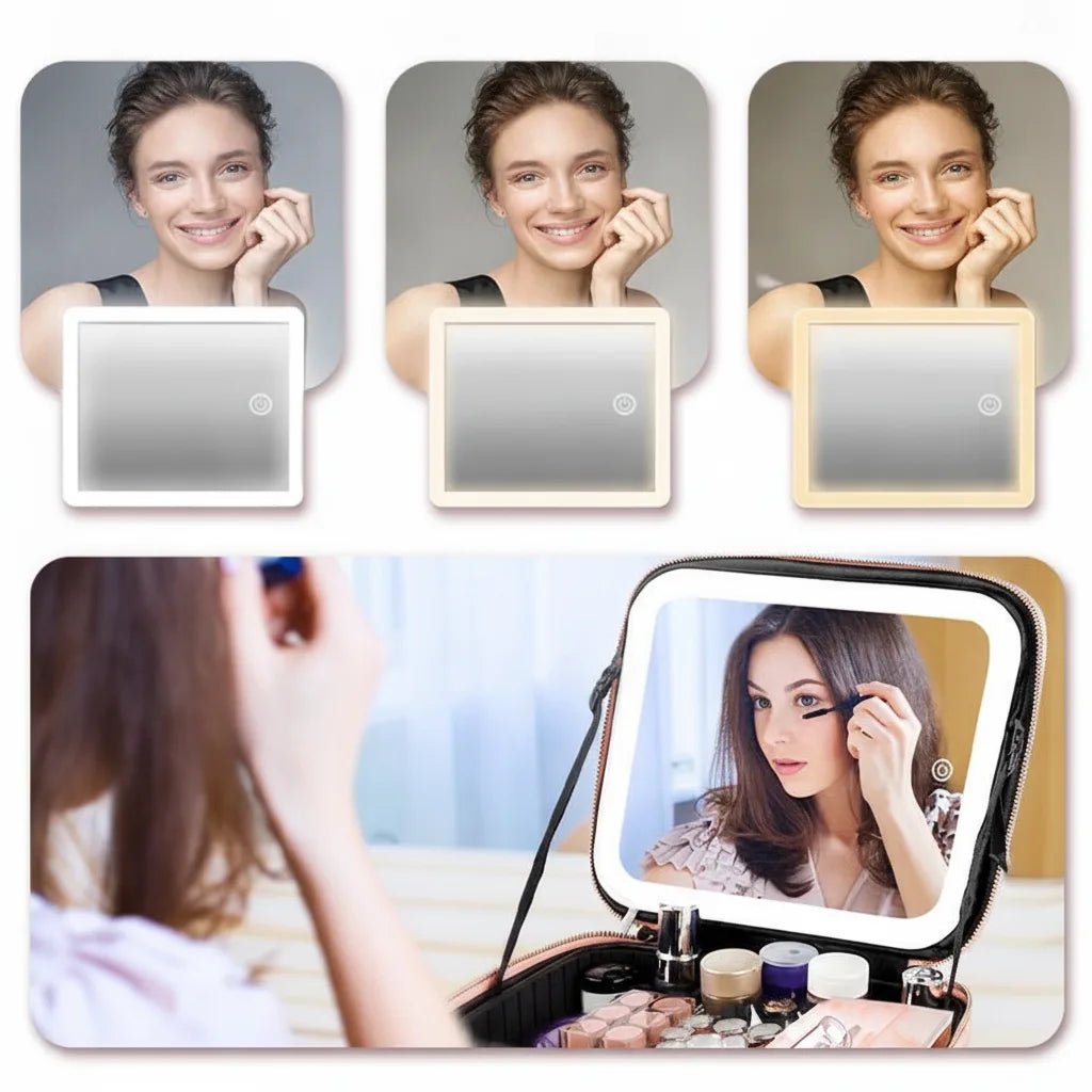 Cosmetic Bag LED Mirror Adjustable Compartments & Brush Holder