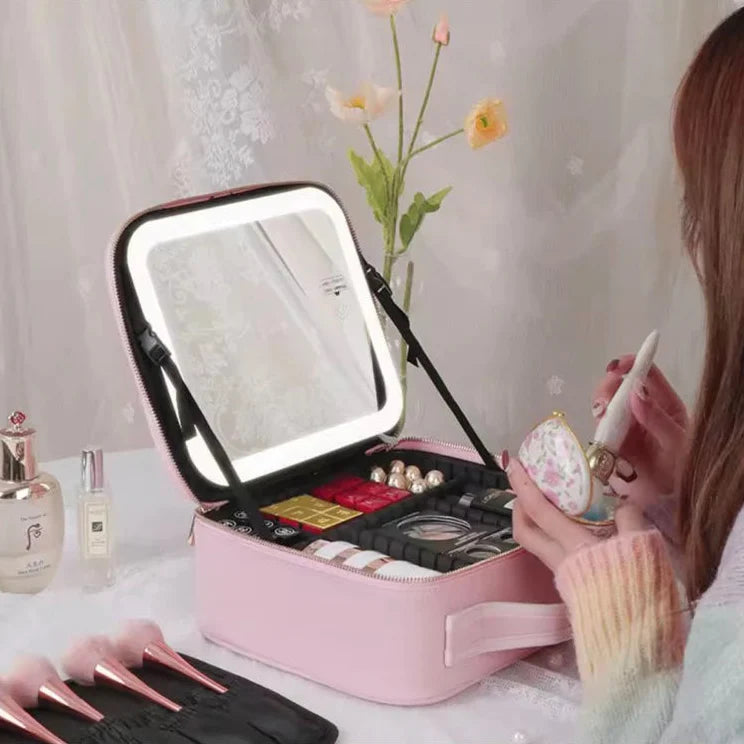 Cosmetic Bag LED Mirror Adjustable Compartments & Brush Holder