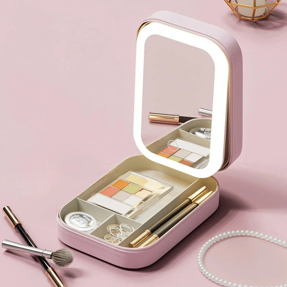 Cosmetic Case Adjustable LED Mirror & Organized Compartments