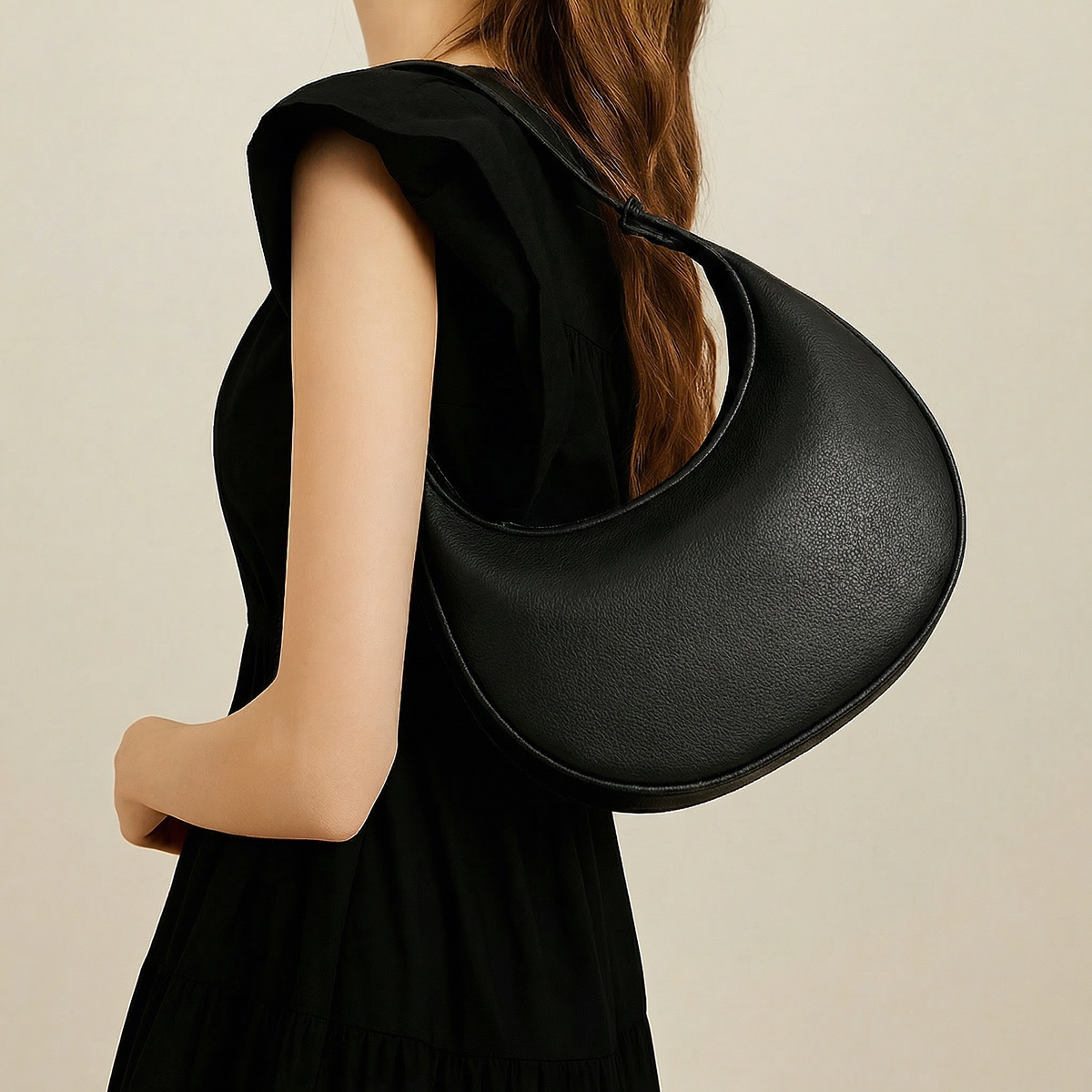 Crescent Shoulder Bag Textured PU Leather 3-Way Strap