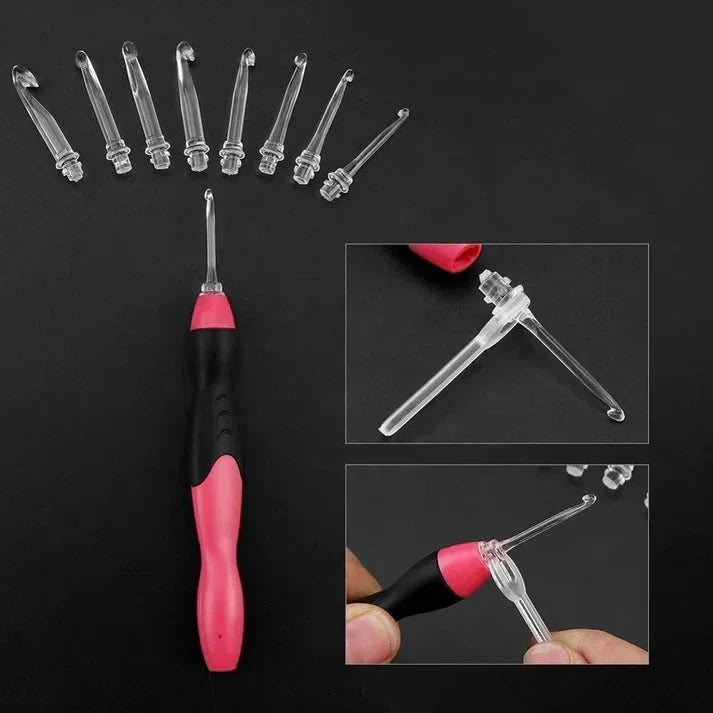 Crochet Hook Set Illuminated Tip Ergonomic Grip Interchangeable Heads