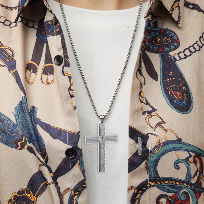 Cross Necklace Stainless Steel Engraved Lord's Prayer