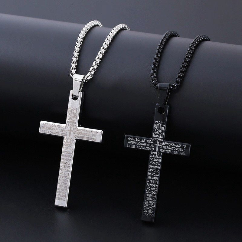 Cross Necklace Stainless Steel Engraved Lord's Prayer