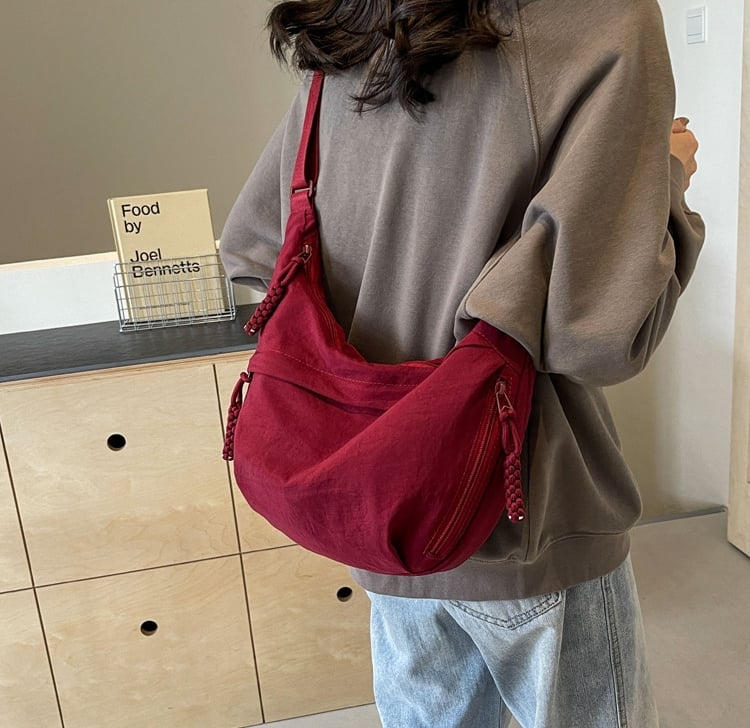 Crossbody Bag Nylon Multiple Zippered Compartments Adjustable Strap