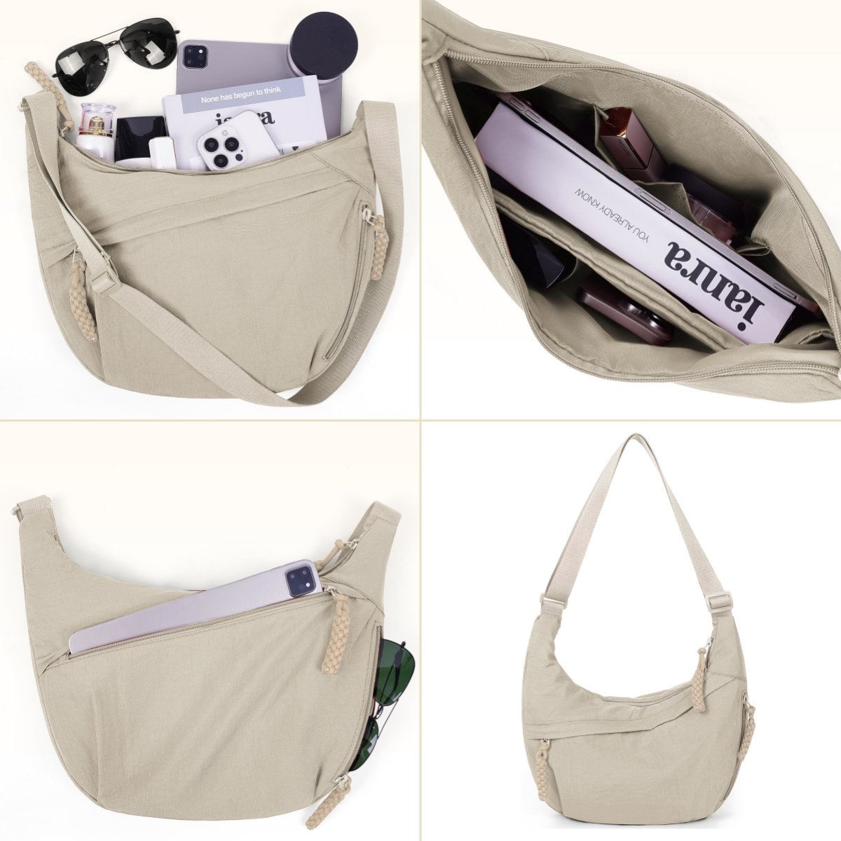 Crossbody Bag Nylon Multiple Zippered Compartments Adjustable Strap
