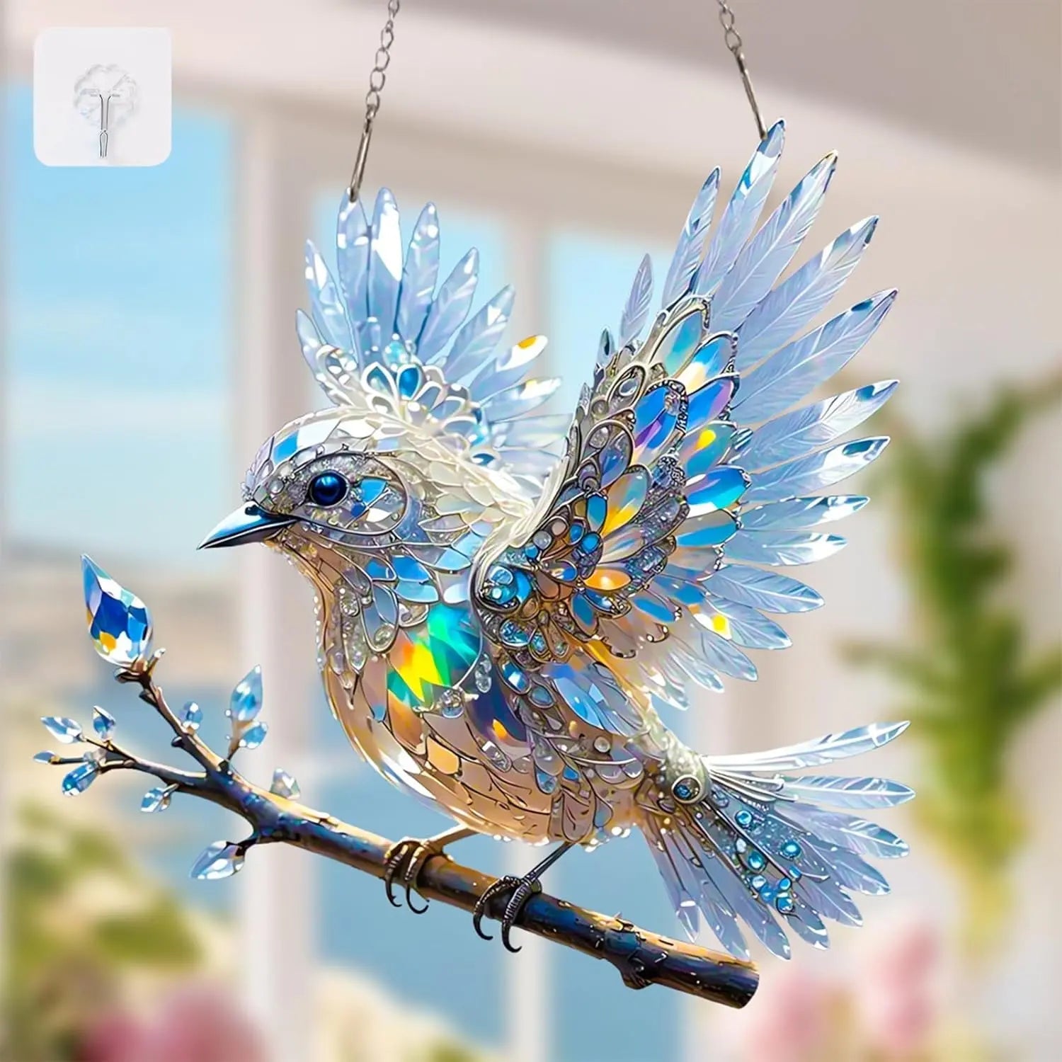 Crystal Bird Ornament Acrylic Rainbow Reflections & Hanging Hook