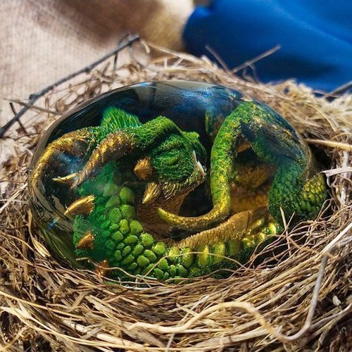 Crystal Egg Figurine Miniature Dragon Inside Clay & Epoxy