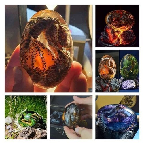 Crystal Egg Figurine Miniature Dragon Inside Clay & Epoxy