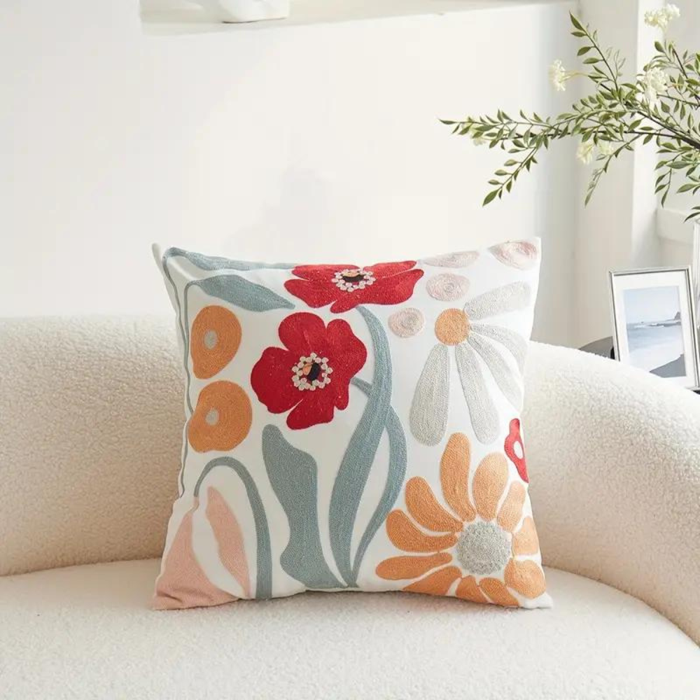 Cushion Cover Embroidered Floral Microfiber-Cotton Blend