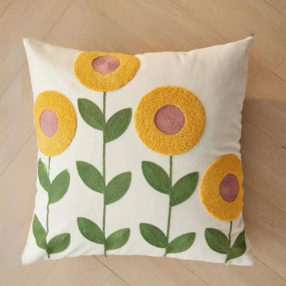 Cushion Cover Embroidered Floral Microfiber-Cotton Blend