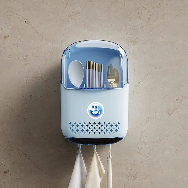 Cutlery Holder Wall-Mounted Adhesive Dustproof Flip Lid & Hooks