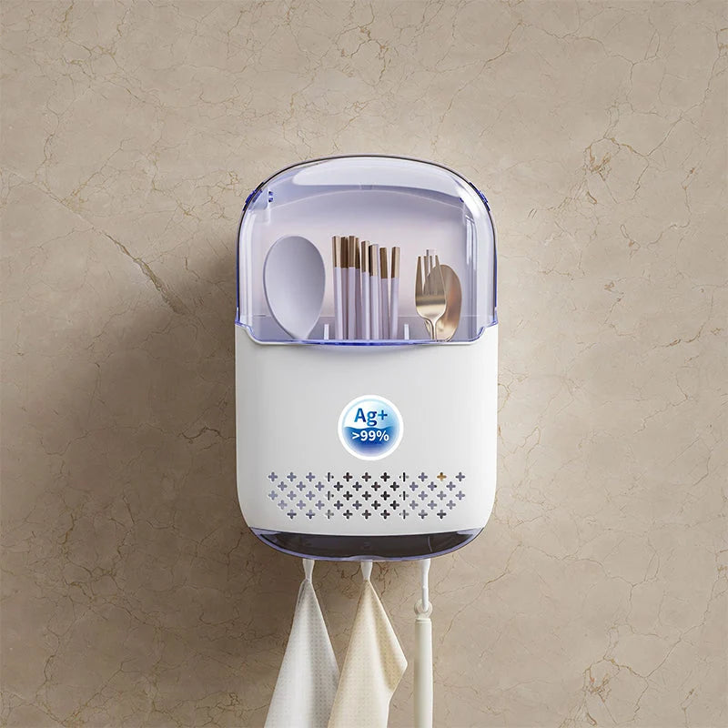 Cutlery Holder Wall-Mounted Adhesive Dustproof Flip Lid & Hooks