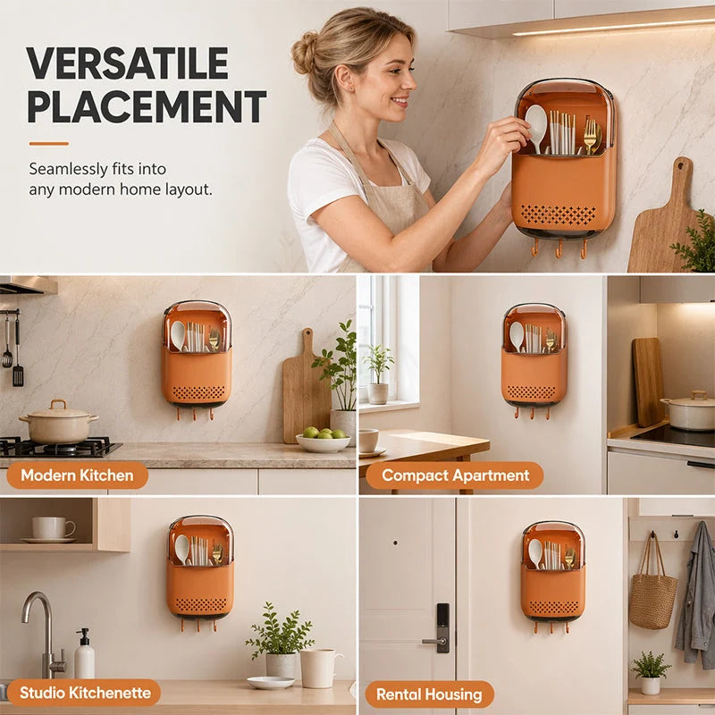 Cutlery Holder Wall-Mounted Adhesive Dustproof Flip Lid & Hooks