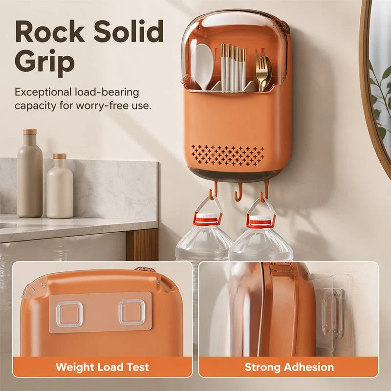 Cutlery Holder Wall-Mounted Adhesive Dustproof Flip Lid & Hooks