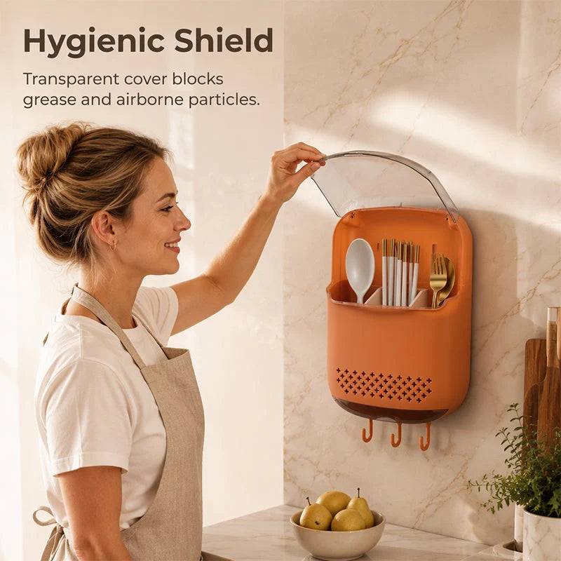 Cutlery Holder Wall-Mounted Adhesive Dustproof Flip Lid & Hooks