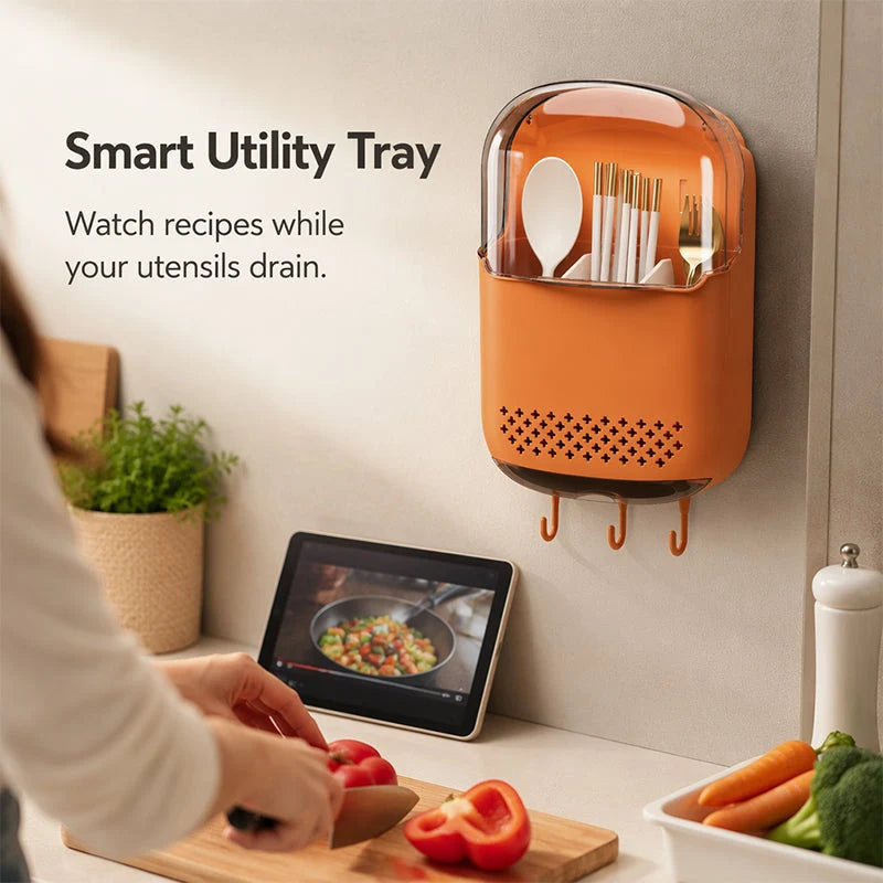 Cutlery Holder Wall-Mounted Adhesive Dustproof Flip Lid & Hooks