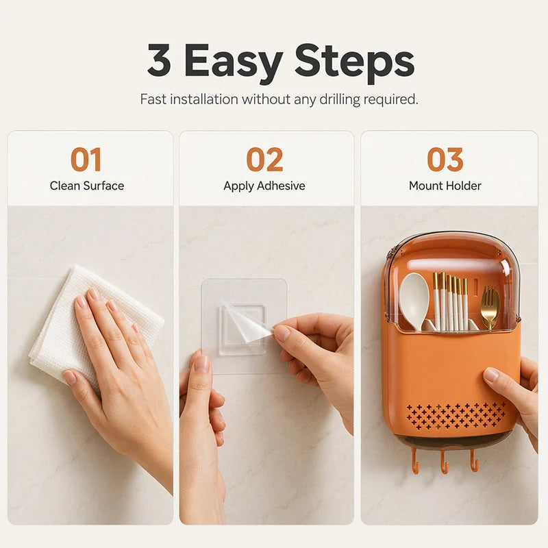 Cutlery Holder Wall-Mounted Adhesive Dustproof Flip Lid & Hooks