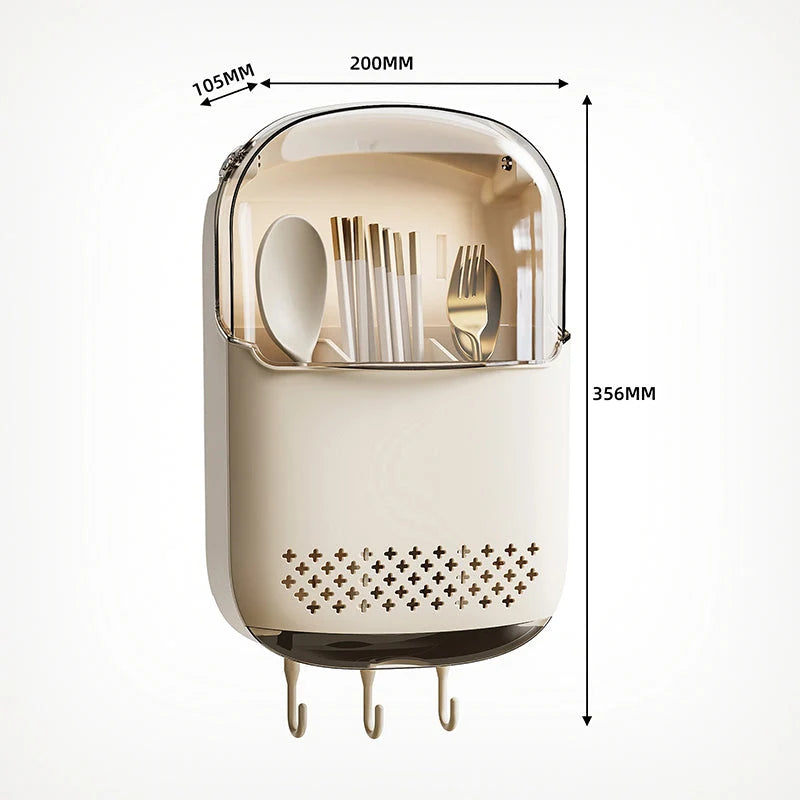 Cutlery Holder Wall-Mounted Adhesive Dustproof Flip Lid & Hooks